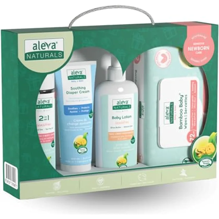 Aleva Naturals Newborn Baby Set, 100% natürliche Pflege für empfindliche Babyhaut, hypoallergen, ohne Parabene & Sulfate, enthält Shampoo, Lotion, Windelcreme & Feuchttücher
