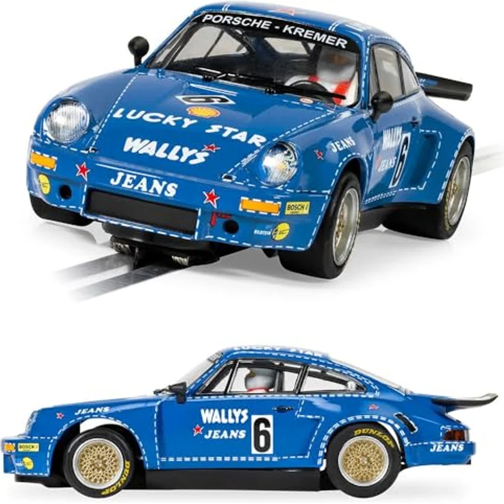 Scalextric Porsche 911 Carrera RSR 3.0 Wallys Jeans, Rennbahn Zubehör mit leuchtend blauer Lackierung und breiten Reifen – Bild 2
