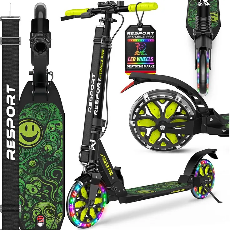 RE:SPORT Trailz Pro Cityroller, höhenverstellbar & klappbar, inkl. Tragegurt, Klingel, Handbremse, Doppelfederung, LED-Rollen für Kinder & Erwachsene