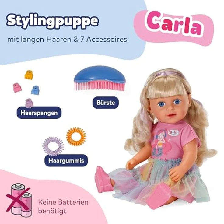 Baby Born Babypuppe Carla 43 cm, bewegliche Puppe mit Haarbürste und frisierten Accessoires, wasserfest – Bild 2