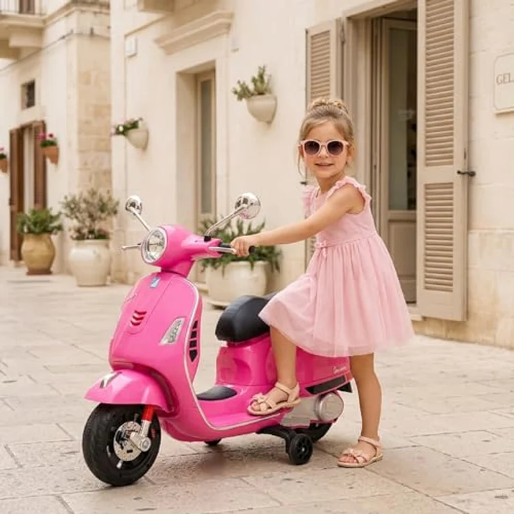 Sun Baby Vespa Maxi Elektroroller, 12V Akku Motorroller für Kinder mit Kofferraum, Licht, Sound, rosa – Bild 9
