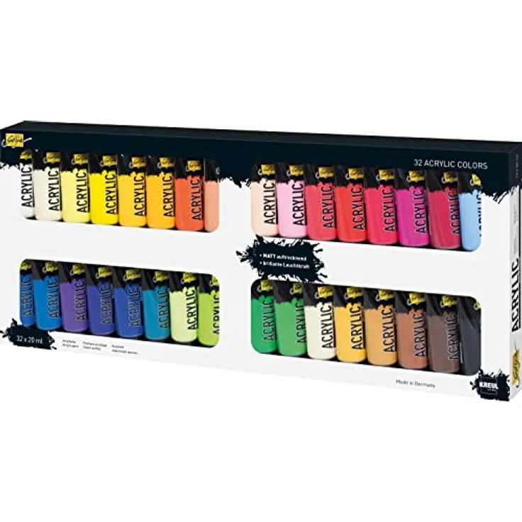 KREUL Solo Goya Acrylic Set, 32 hochpigmentierte Acrylfarben à 20 ml, wasserbasierend, schnell matt trocknend, gut deckend, wasserfest