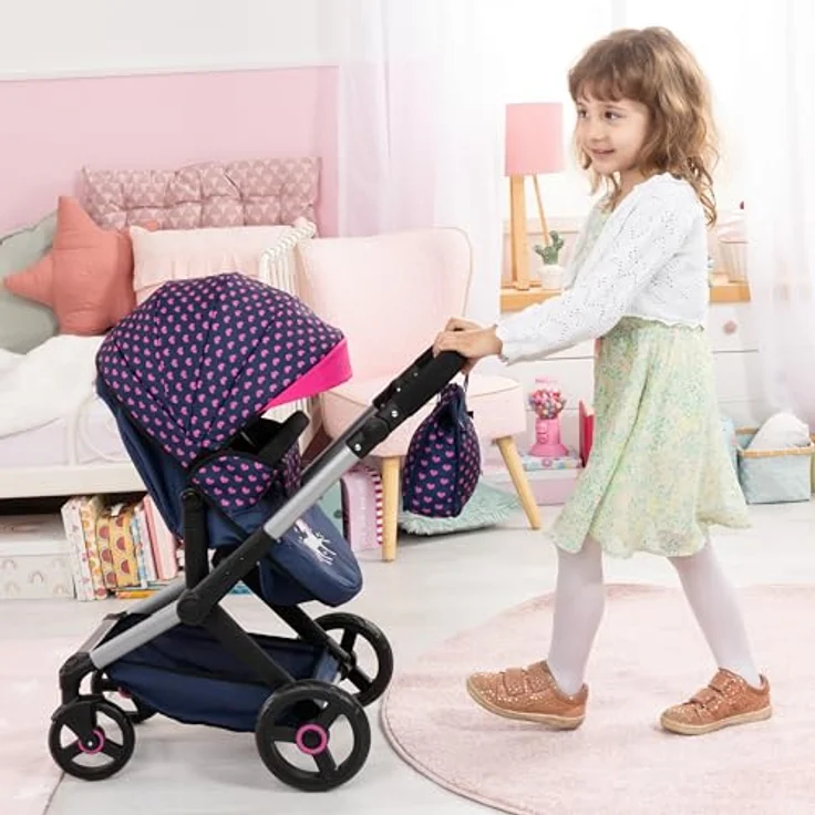 Bayer Design Kombi-Puppenwagen Xeo Herzchen dunkelblau rosa – Bild 7