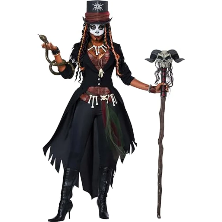 Metamorph Voodoo Mistress Kostüm (M), mystisches Kostüm mit frackähnlichem Mantel, roter Weste und Zylinderhut, inklusive Accessoires – Bild 1