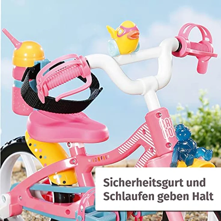 BABY born Puppenfahrrad 835449, rosa mit Stützrädern, Sicherheitsgurt, Blinklicht, Hupe und Flasche für 43cm Puppen – Bild 4