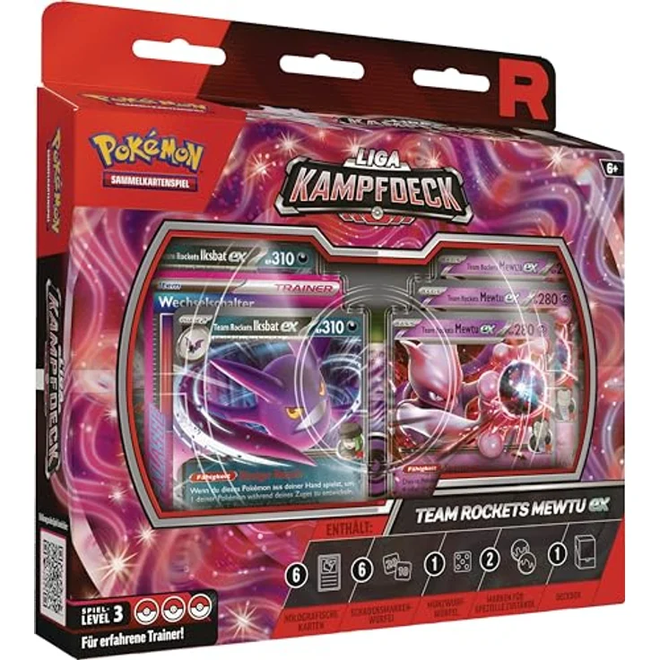 Pokémon PKM Liga-Kampfdeck Rockets Mewtu, spielbares Deck mit 60 Karten, inkl. Team Rockets Mewtu-ex und Iksbat-ex, Schadensmarken-Würfel und Strategieanleitung – Bild 1