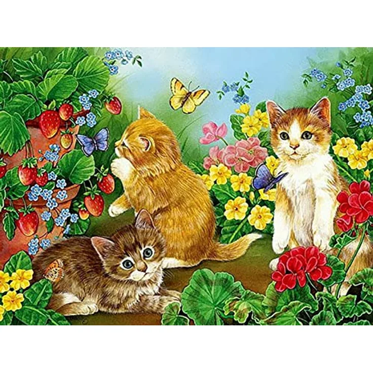 Diamond Painting Set, Bild mit Motiv Kätzchen in Blumenwiese und Zubehör, Größe ca. 35 x 25 cm, Bastelset zum Malen mit Glitzersteinchen für Kinder ab 5 Jahren