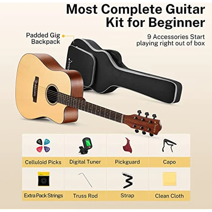 Donner Akustik Gitarre 4/4 Anfänger Erwachsene Akustikgitarre Cutaway Einsteiger Kit 41 Zoll voller Größe Gitarren Starter Mahagoni Fichte mit 6 Saiten Tasche Capo Plektren Gurt – Bild 3