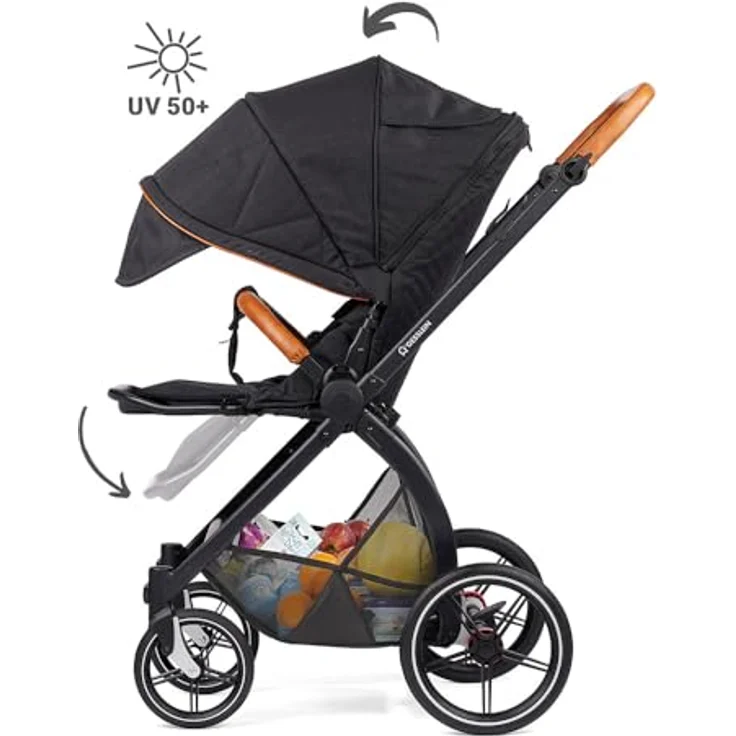 Gesslein Kinderwagen FX4 STYLE, Baby Erstausstattung (leichtes Kinderwagen Set mit Liege- und Sitzoption, individuell einstellbar, Fünf-Punkt-Sicherheitsgurt, Kinderwagen 3 in 1), Schwarz – Bild 4
