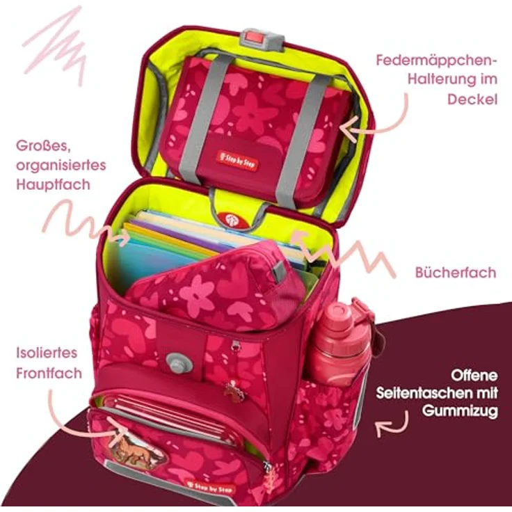 Step by Step Schulranzen-Set Cloud „Wild Horse Nora“, 5-teilig, rot, ergonomischer Tornister mit 19L, höhenverstellbar, reflektierend, inkl. Schulmaterial für Mädchen ab 1. Klasse – Bild 5