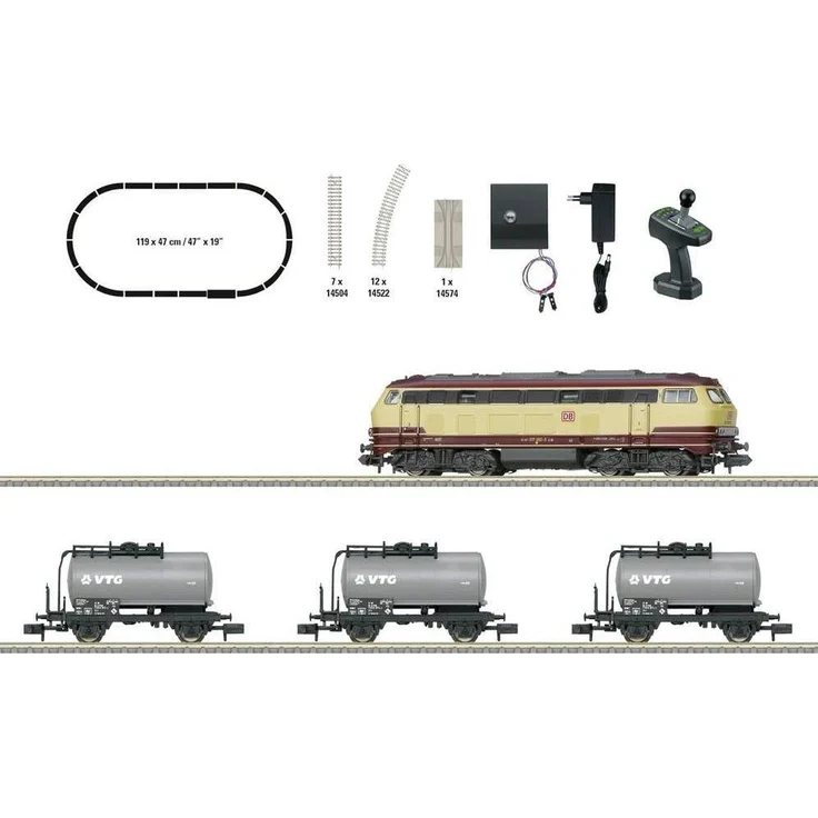 MiniTrix T11160 Digital-Startpackung Güterzug mit Baureihe 217, Diesellokomotive im Betriebszustand 2010, incl. mfx-DCC-Decoder und 3 Kesselwagen
