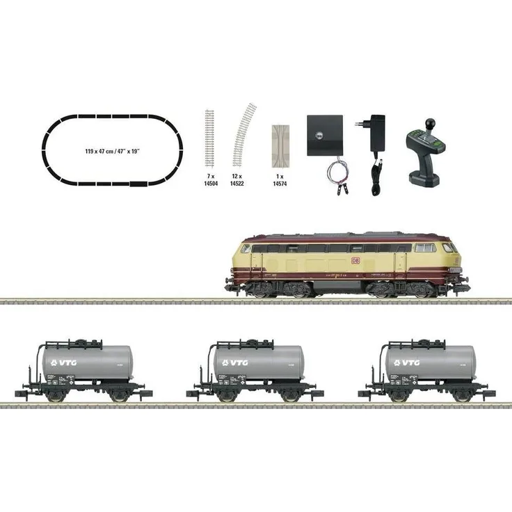 MiniTrix T11160 Digital-Startpackung Güterzug mit Baureihe 217, Diesellokomotive im Betriebszustand 2010, incl. mfx-DCC-Decoder und 3 Kesselwagen