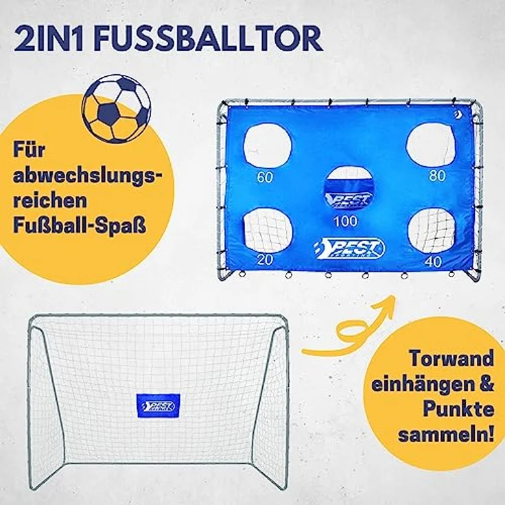 BEST SPORTING Fußballtor Kinder 240cm x 170cm x 85cm, wetterfestes und stabiles Kindertor mit blauer Torwand und 5 Schusslöchern, inkl. Netz und Heringen, Grau – Bild 2