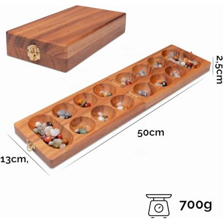 LOGOPLAY Kalaha Spiel mit Metallverschluss Gold für 2 Spieler, 14 x 49 cm Spielfeld, aus Samena-Holz mit Edelsteinen, inkl. Stoffbeutel – Bild 2