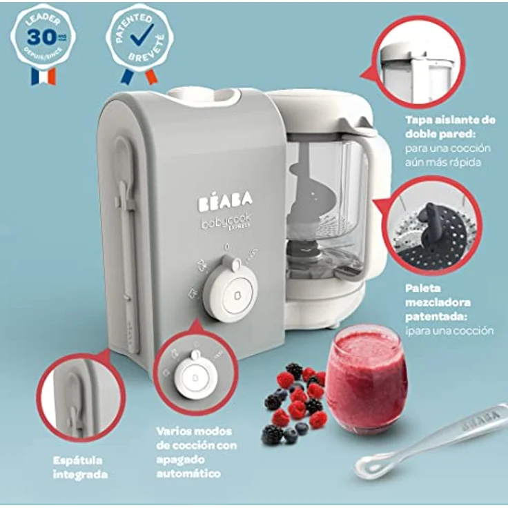 BEABA, Babycook Express, 4 in 1 Babynahrungszubereiter, schnelles Kochen: weniger als 15 Min, Mixen, schonendes und gesundes Dampfgaren, Auftauen, Aufwärmen, Kapazität 1250 ml, Samtgrau – Bild 5