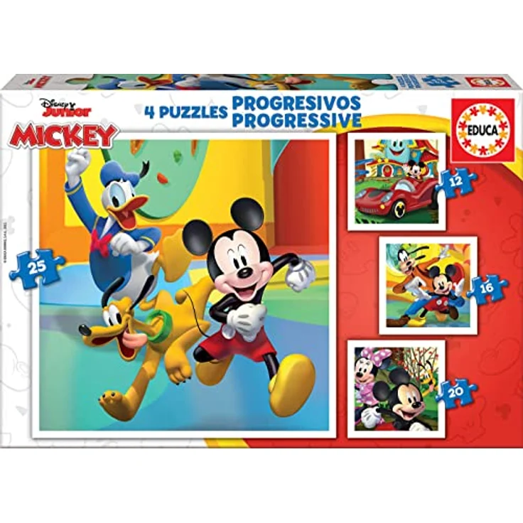 Educa - Mickeys Freunde, 4in1 Puzzleset mit 12/16/20/25 Teilen, Puzzle für Kinder ab 3 Jahren, Disney (19294) - Wunderschöne Motive von Mickey, Minnie, Donald, Goofy und Pluto, FSC-zertifiziert, umweltfreundlich hergestellt – Bild 1