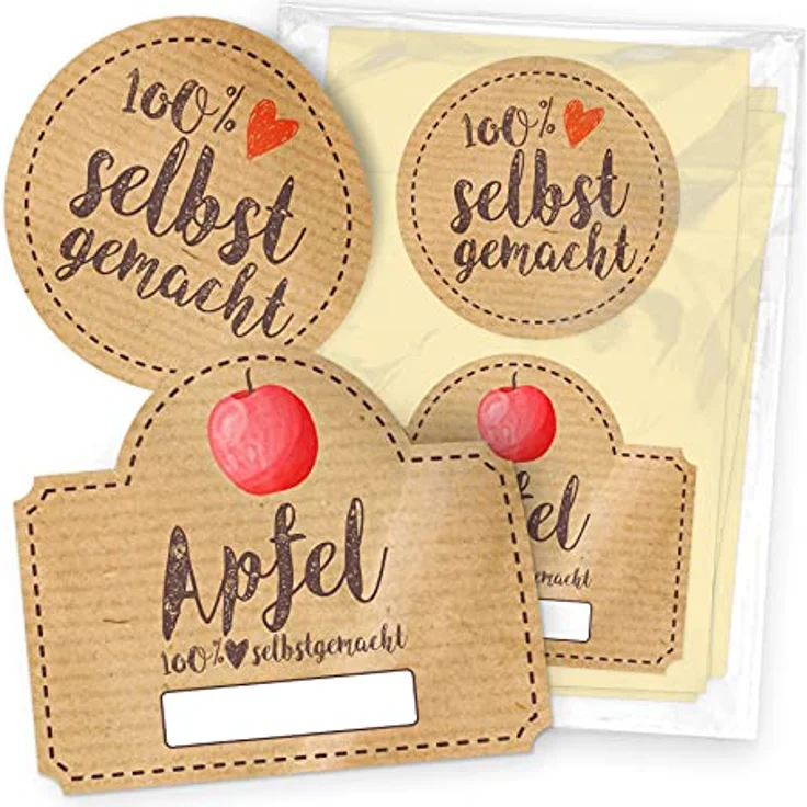itenga Marmeladen Etikett Apfel Aufkleber, 20 selbstklebende Sticker aus hochwertigem Papier, 10 rund (Durchmesser 4 cm) & 10 rechteckig (4,5 x 3,8 cm) für Glas- und Deckeletiketten – Bild 2