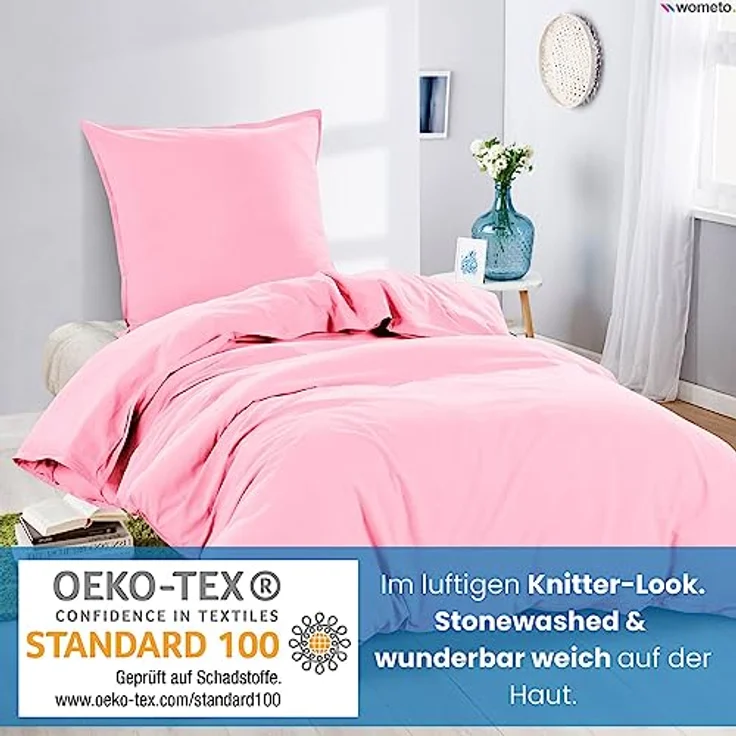 wometo Bettwäsche Renforce Stone-Washed 135x200 & 80x80 100% Baumwolle - rosa OekoTex weich modern Used-Look Leinen-Optik – Bild 3