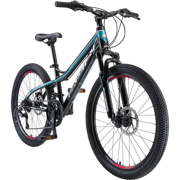 BIKESTAR Alu Mountainbike Jugendfahrrad 24 Zoll ab 9-14 Jahre Hardtail | 21 Gang Shimano Schaltung, Scheibenbremse, Federgabel | Kinder Fahrrad Schwarz & Blau | Risikofrei Testen