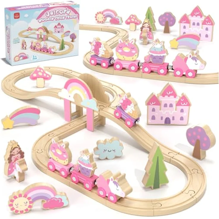 Lehoo Castle Holzeisenbahn, 38-teiliges Einhorn-Set für Mädchen, rosa, kompatibel mit Holzschienen, ideales Geschenk ab 3 Jahren – Bild 1