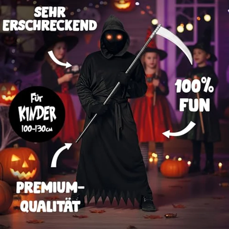 OriginalCup® Sensenmann Kostüm für Kinder, inkl. Vollkapuze, Kleid, Sense, Leuchtbrille, Handschuhe, Größe 100-130 cm, ideal für Halloween-Cosplay – Bild 2