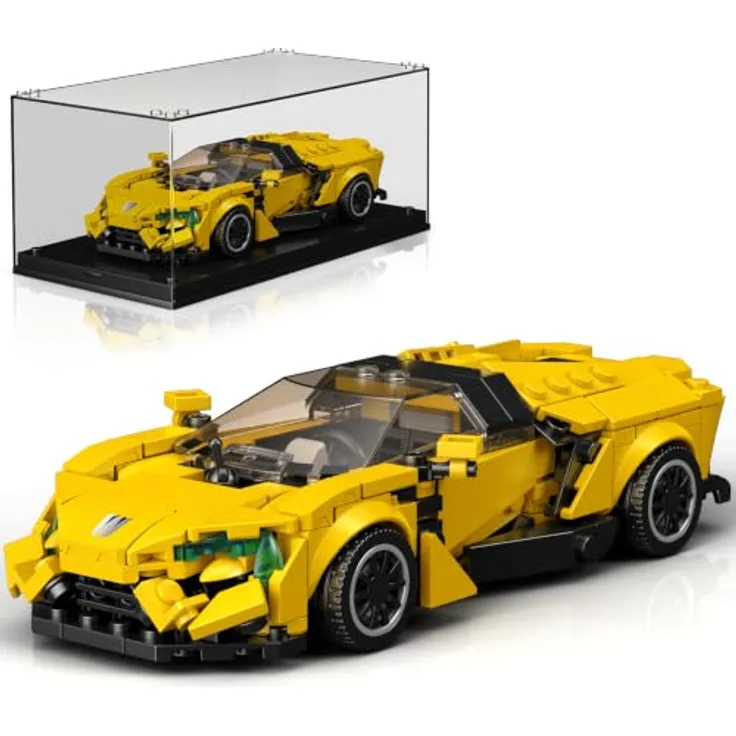 Mould King 27152 Technik Speed Champions, goldenes Sportwagen-Modell mit 409 Klemmbausteinen und Acryl-Vitrine