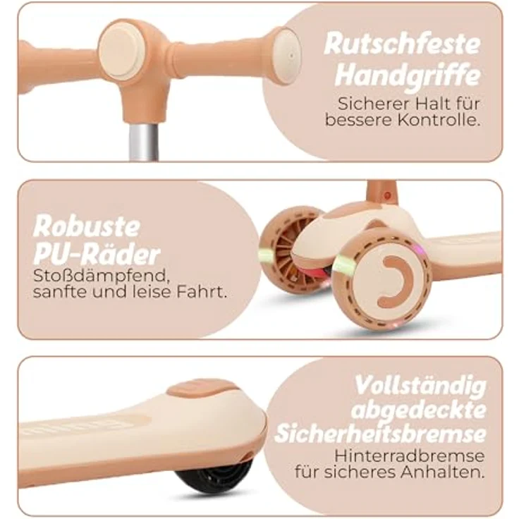 Habib Gruppe 3-in-1 Kinder Roller Dreirad mit Sitz & LED Rädern, höhenverstellbar & faltbar, Khaki, ideal für Kinder 2-10 Jahre, sicher & robust – Bild 3