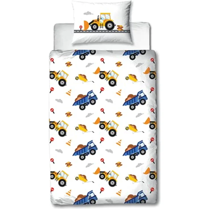 MTOnlinehandel TRAUMHELDEN Bagger Babybettwäsche 135x100 Flanell/Biber ☆ 1 Kissenbezug 40x60 + 1 Bettbezug 100x135 cm ☆ Baustelle Fahrzeuge ☆ Hochwertige Jungen-Bettwäsche mit Reißverschluss – Bild 2