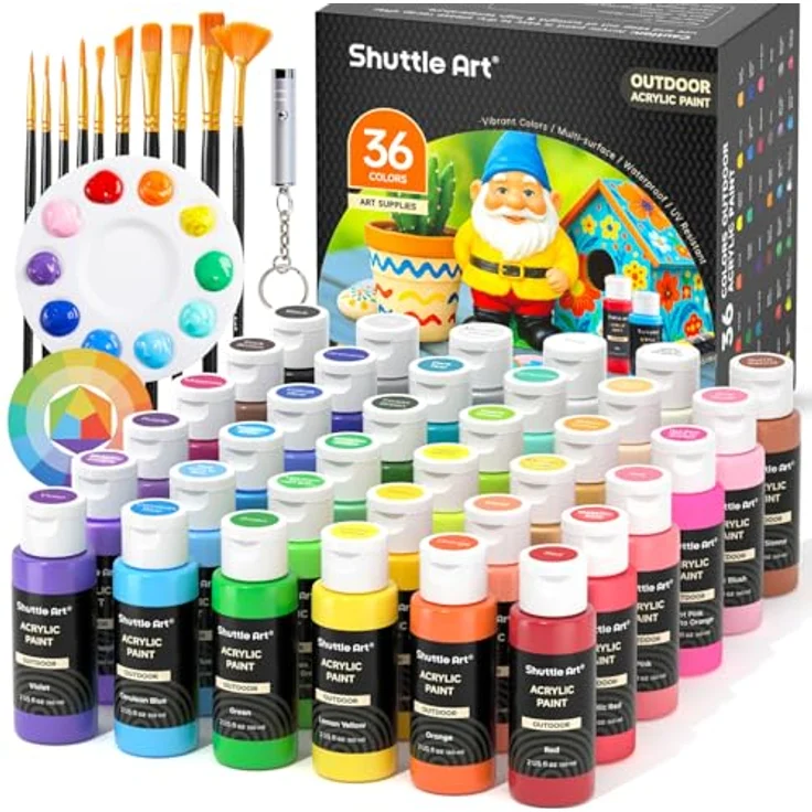 Shuttle Art Outdoor Acrylfarben Set, 36 wasserfeste Acrylfarben (je 60ml) mit nachtleuchtenden und Metallic-Effekten für Steine, Leinwand, Holz und Kürbis – Bild 1
