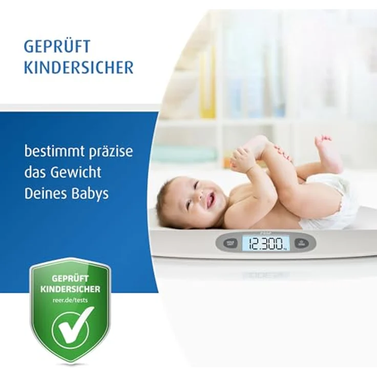 reer BabyCare Babywaage, Ergonomische Wiegeschale für Neugeborene/Babys, 25kg Maximalgewicht, Integriertes Maßband, HOLD- und Tarierfunktion, Beleuchtetes LCD-Display, Präzision von 5g – Bild 2