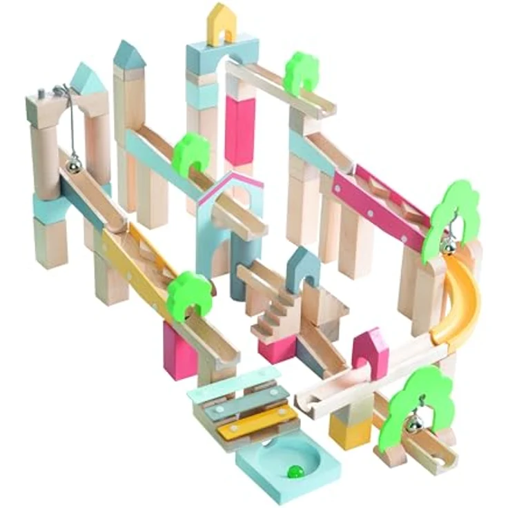 roba Murmelbahn aus Holz - 60 Teile mit 20-teiliger Landschaftsbauergänzung - Kugelbahn mit Soundeffekten und 11 Murmeln - Kinderspielzeug ab 3 Jahren - Preisvergleich – Bild 1