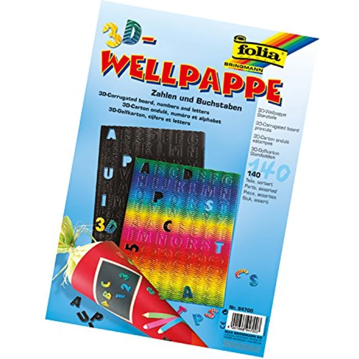 folia 94700 - 3D Welle Stanzteile, Buchstaben und Zahlen 140 Stück, farbig sortiert – Bild 1