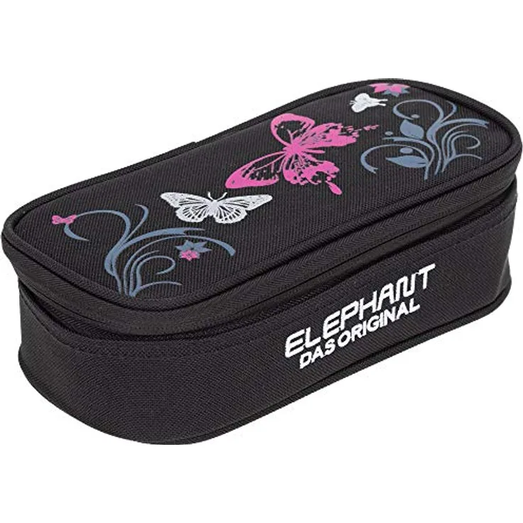Elephant Mäppchen Butterfly, großes Etui mit Reißverschluss, schwarz-pink, 22 x 7 x 10 cm, aus 100% Polyester
