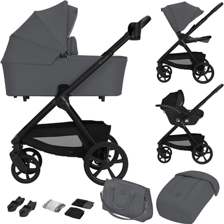 Lionelo Carmine 3in1 Kombikinderwagen mit i-Size Autositz, Babywanne & Buggy, GravelTech Räder, Federung, UPF50+, Grau – Bild 1