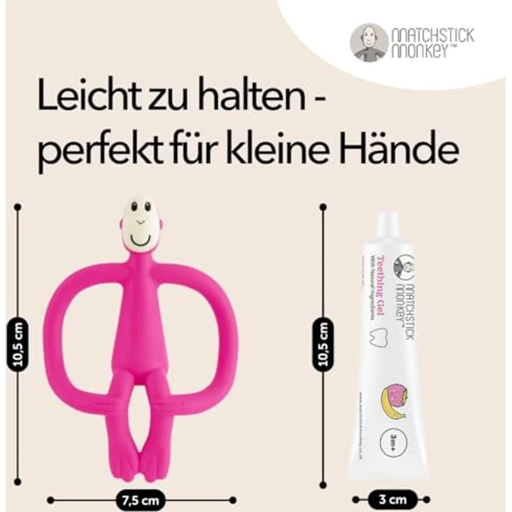 Matchstick Monkey Zahnungs-Set - Beißring + Bio Zahnungsgel Erdbeere-Banane (Affe pink) - Natürliche Zahnungshilfe für Babys ab 3 Monaten, Vegan, Tierversuchsfrei, BPA-frei – Bild 4