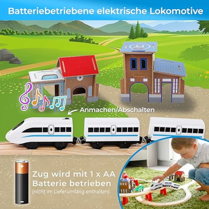 Kinderplay Holzeisenbahn Set für Kinder - Eisenbahn Kinder Elektrisch, Spielzeug Zug, Polizeistation, Autobahn und Bahnset mit Brücke, 80 Teilen, 378 cm lang, Modell (GS0010) – Bild 6