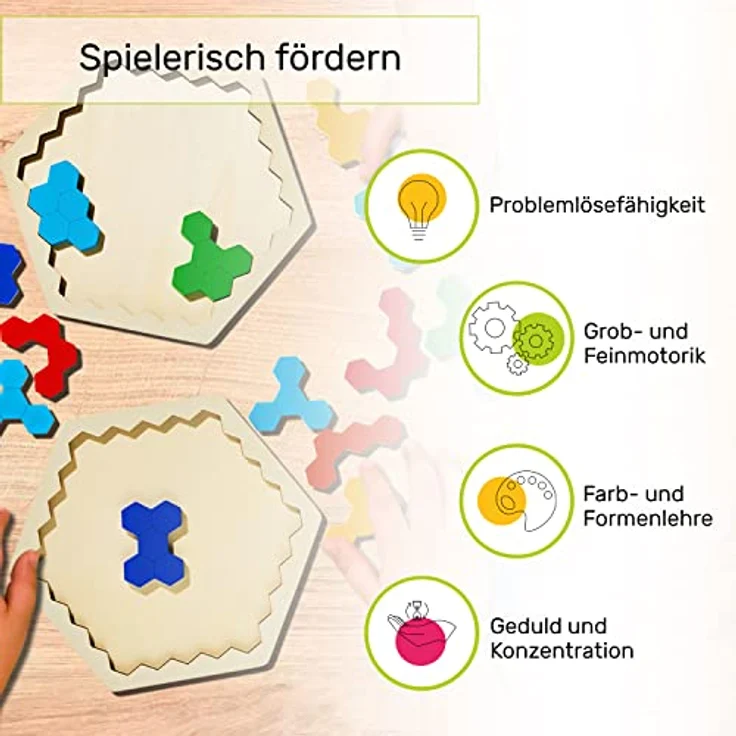 CUBIDI Original Tangram Hexagon | Fördert logisches Denken und räumliche Vorstellungskraft | Geschicklichkeitsspiel aus hochwertigem Holz | Holzspielzeug für Jungen und Mädchen ab 4 Jahren – Bild 5