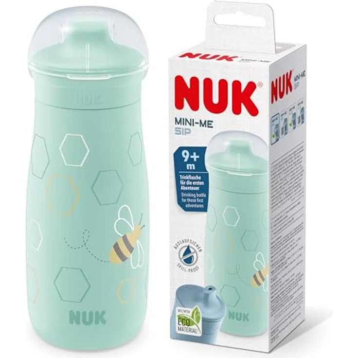Nuk Mini-Me Sip Cup, auslaufsichere Trinkflasche mit bissfestem Trinkaufsatz, 300 ml, Biene, Mint – Bild 1