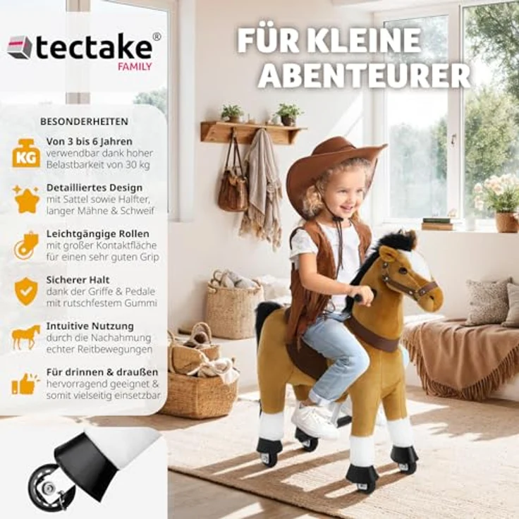 tectake® Schaukelpferd, Plüsch Pferd auf Rollen, Spielzeug zum Reiten, Stehpferd für Kinder, Rollpferd Outdoor - 29 x 76 x 85 cm, realistisches Design, weicher Plüsch, robustes Stahlgestell – Bild 2