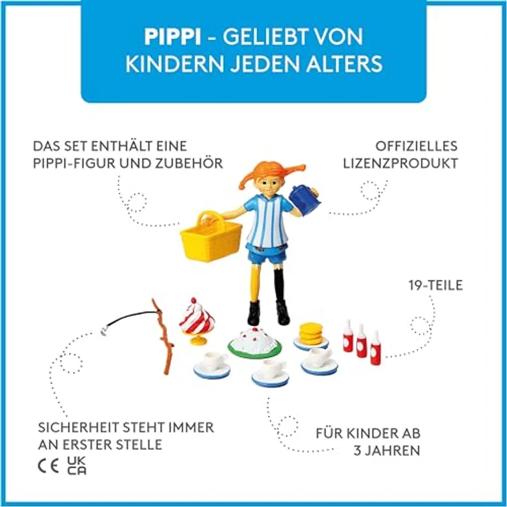 Micki Figurka Pippi, Sammelfigur mit blau-weißer Schürze und Zubehörset für Teestunde in Pippis Garten – Bild 3