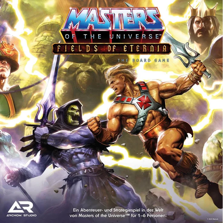 Archon Studio MOTU0023, Brettspiel MotU Masters of the Universe: Fields of Eternia für 1-6 Spieler, 350 Karten, 12 Heldenminiaturen, 60-90 Minuten Spielzeit