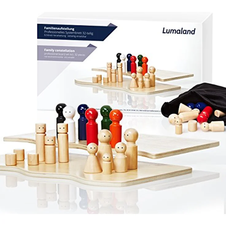 Lumaland Familienbrett für Aufstellungen mit 30 Holzfiguren | Systemisches Coaching durch unterschiedliche Farben, Größen und Formen | Ideal für Familienaufstellungen etc. – Bild 1