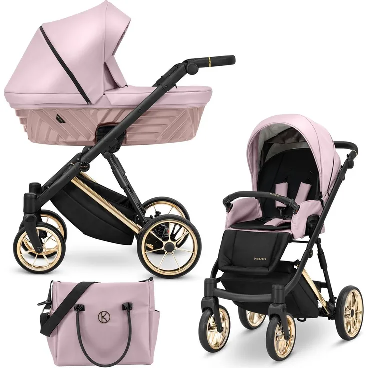 Kunert IVENTO PREMIUM 2in1 Kombikinderwagen, Babywagen mit Babyschale, Öko-Leder in eco pink metalic, Rahmenfarbe: Gold