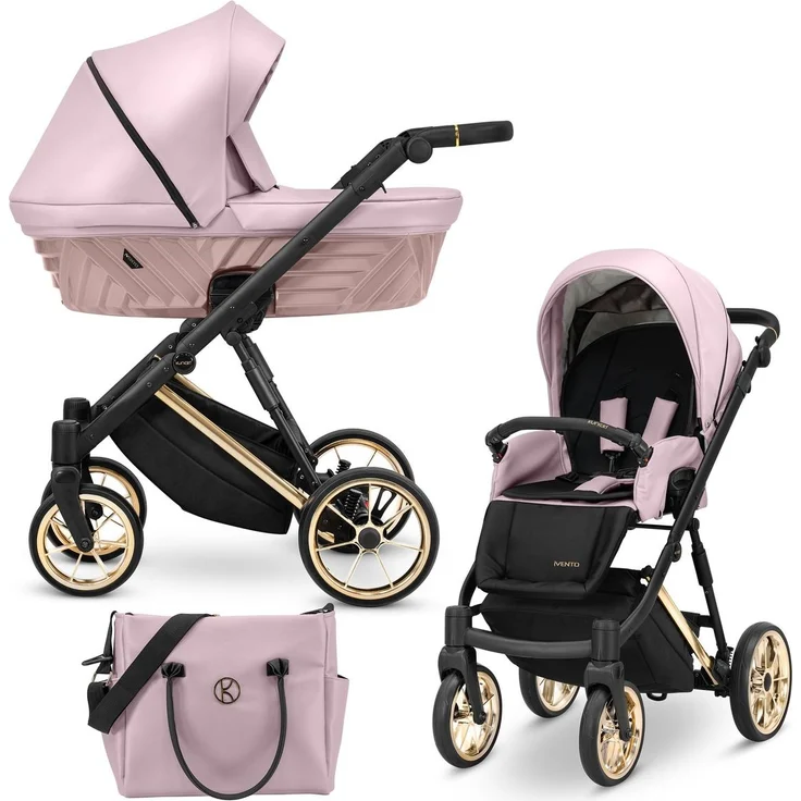 Kunert IVENTO PREMIUM 2in1 Kombikinderwagen, Babywagen mit Babyschale, Öko-Leder in eco pink metalic, Rahmenfarbe: Gold