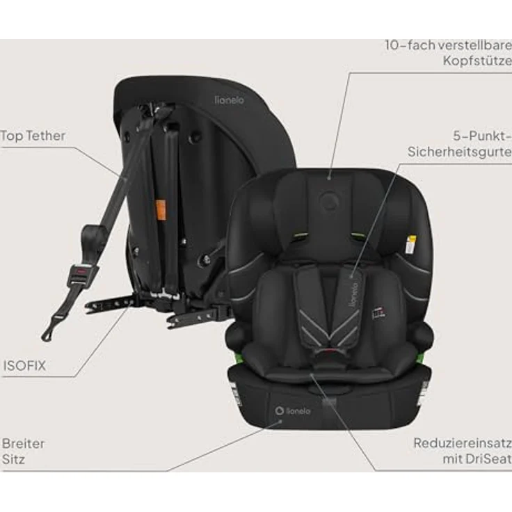 lionelo Autokindersitz LEVI FIX I-SIZE, geeignet für Kinder von 76-150 cm, Dri-Seat, ISOFIX, TopTether, 10-fach verstellbare Kopfstütze – Bild 9