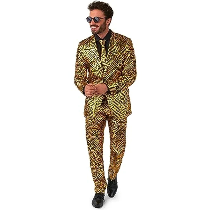 OppoSuits Goldener Stern, Anzug mit Sacko, Hose und Krawatte, schwarz mit goldenen Sternen, Größe 52 – Bild 1