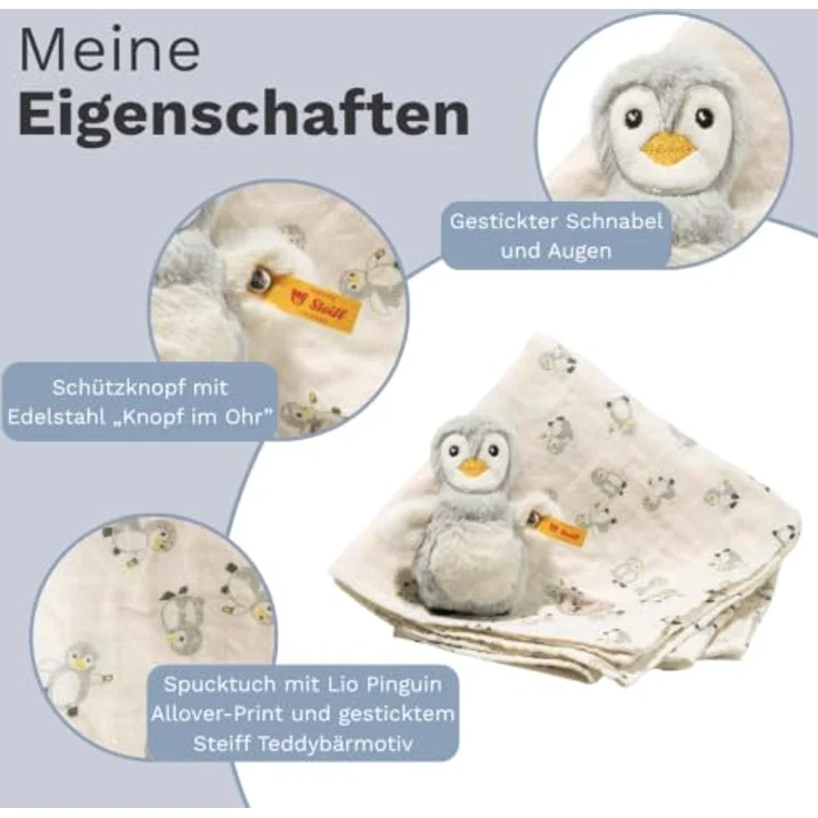 Steiff Geschenkset Lio Pinguin Greifling mit Spucktuch, 11 cm, mehrfarbig, für Babys ab 0 Monaten – Bild 3
