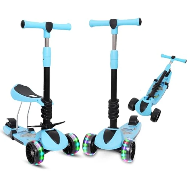 Habib Gruppe 3-in-1 Kinderroller mit Sitz, Dreirad Tretroller, Faltbar, Höhenverstellbar, mit LED Rädern, Blau, für Kinder ab 3 Jahren (bis 50kg) – Bild 1