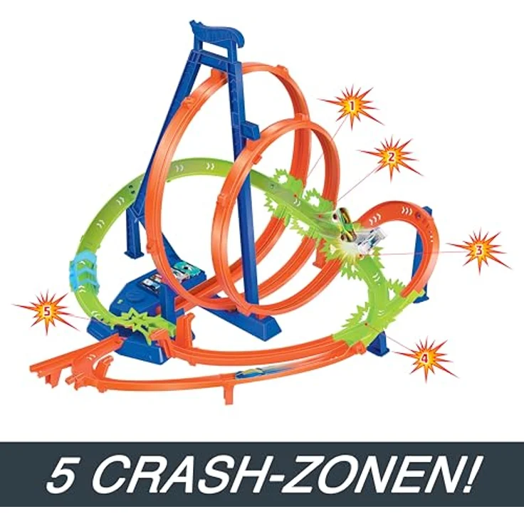 Hot Wheels Episches Crash-Rennen Trackset, 5 Crash-Zonen mit motorisiertem Beschleuniger und 1 Hot Wheels Auto im Maßstab 1:64, leicht zusammenklappbar, HTP55 – Bild 5