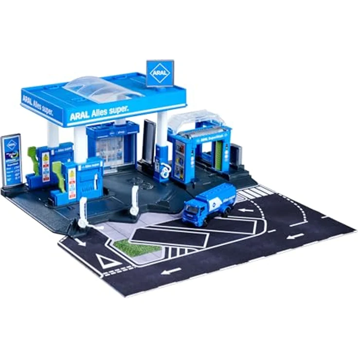 Majorette Petrol Station ARAL, Spielzeug-Tankstelle mit Waschanlage, Shop und Zapfsäulen, inkl. Spielzeugauto, 17x28x10 cm, blau – Bild 2